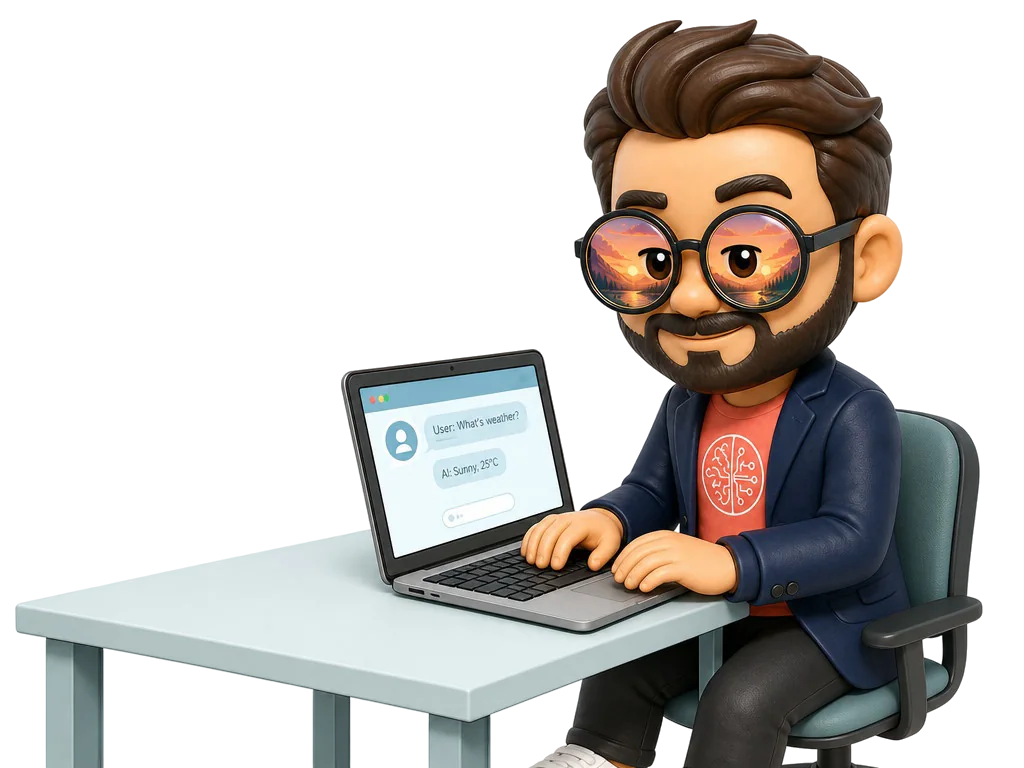 Hombre con barba y gafas teclea en portátil con chat IA. Archive Listado de Prompts.