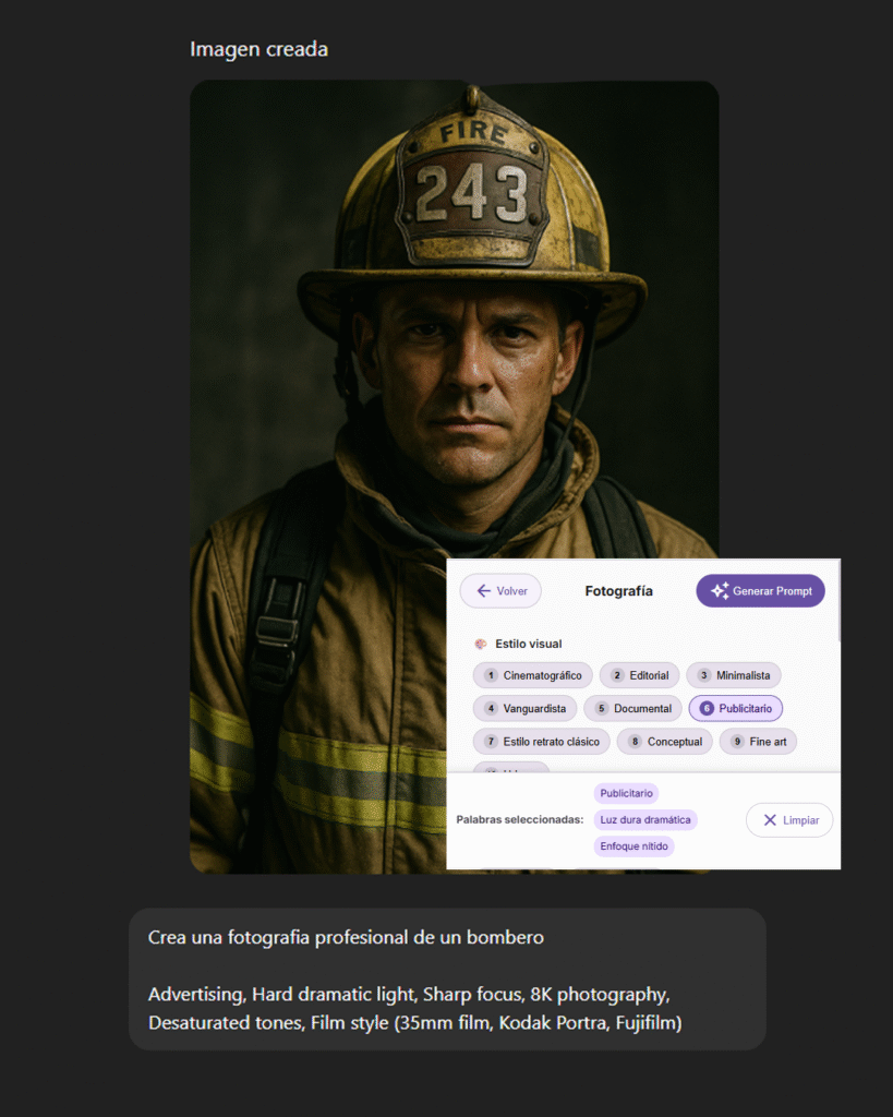Crear fotografia profesional con prompts, bombero