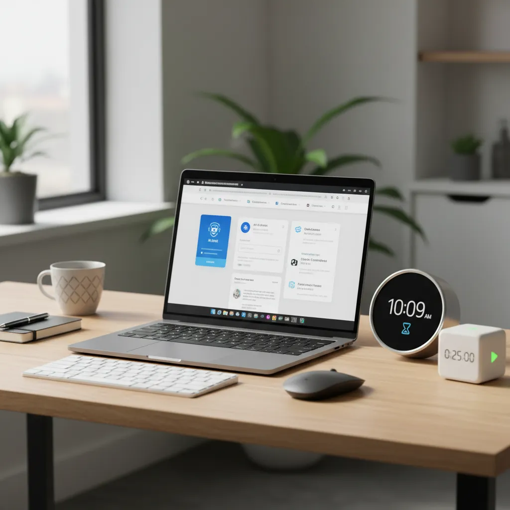 Escritorio ordenado con un portátil mostrando una interfaz de navegador con extensiones de IA activas, simbolizando la optimización del tiempo y la eficiencia en el trabajo diario.