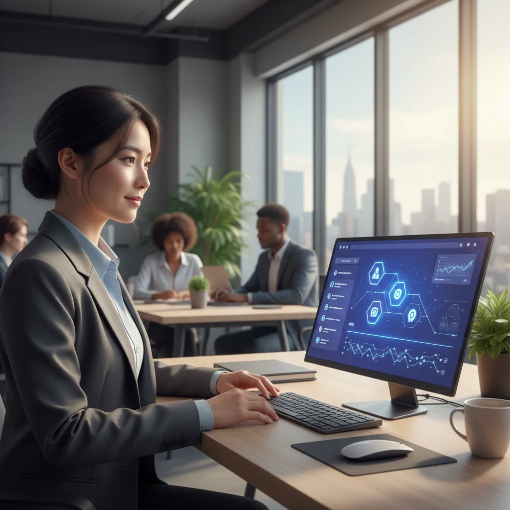 Persona profesional utilizando un ordenador portátil con varias extensiones de IA activas en el navegador, simbolizando la productividad y la automatización inteligente en el trabajo.