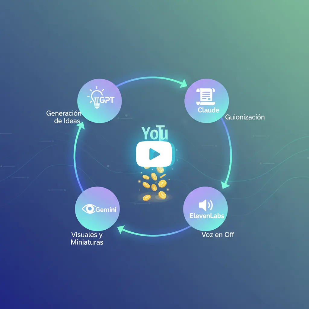 Ilustración del flujo de trabajo con IA (GPT, Claude, ElevenLabs, Gemini) para crear y ganar dinero con YouTube eficientemente.