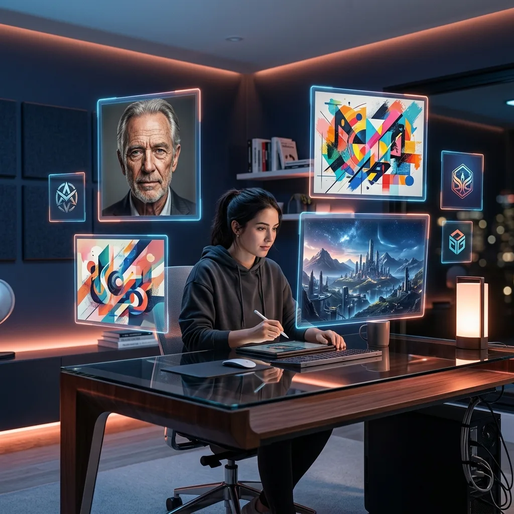 Workspace futurista con arte generado por IA en pantallas holográficas