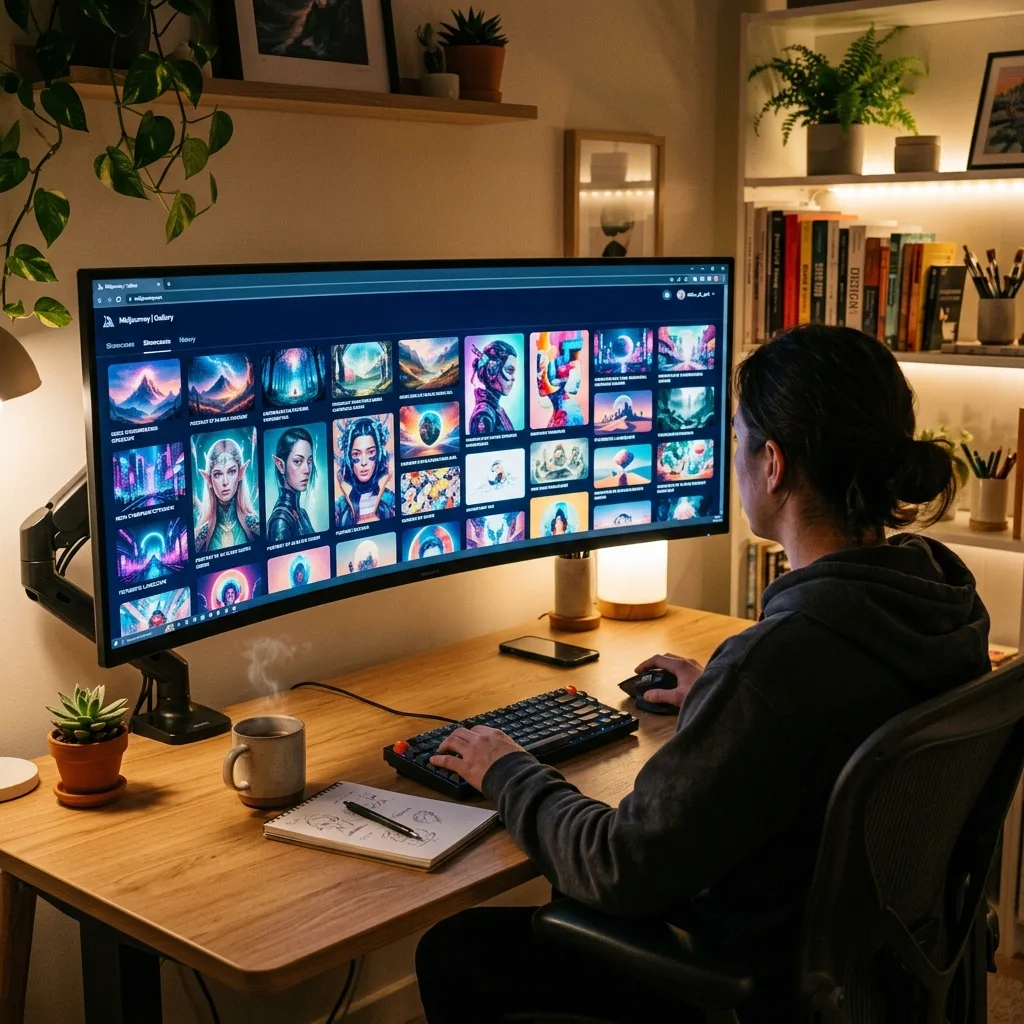 Persona usando Midjourney en un monitor ultrawide para generar arte con IA