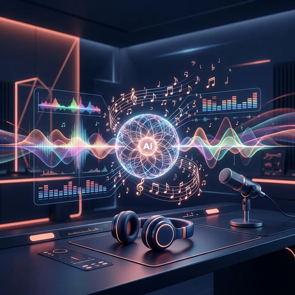 Interfaz futurista de creación musical con IA, ondas sonoras y notas musicales holográficas