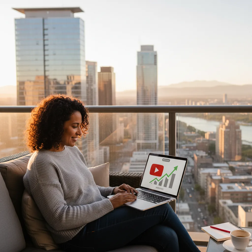 Persona disfrutando de la libertad de trabajar desde cualquier lugar, mostrando cómo ganar dinero con YouTube puede transformar tu estilo de vida y pasión.