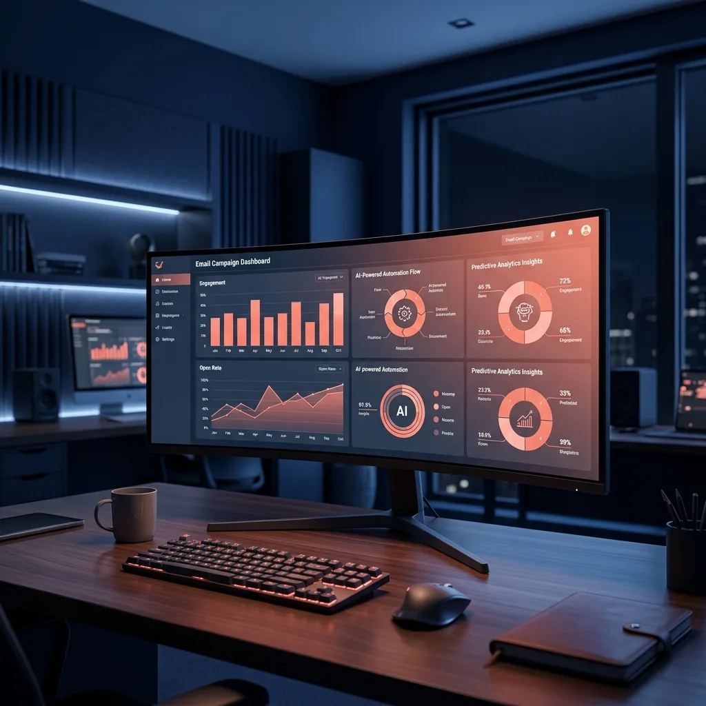 Dashboard de email marketing con IA mostrando automatizacion y analitica predictiva