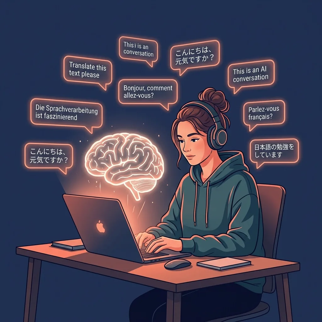 Persona aprendiendo idiomas con inteligencia artificial en laptop con auriculares