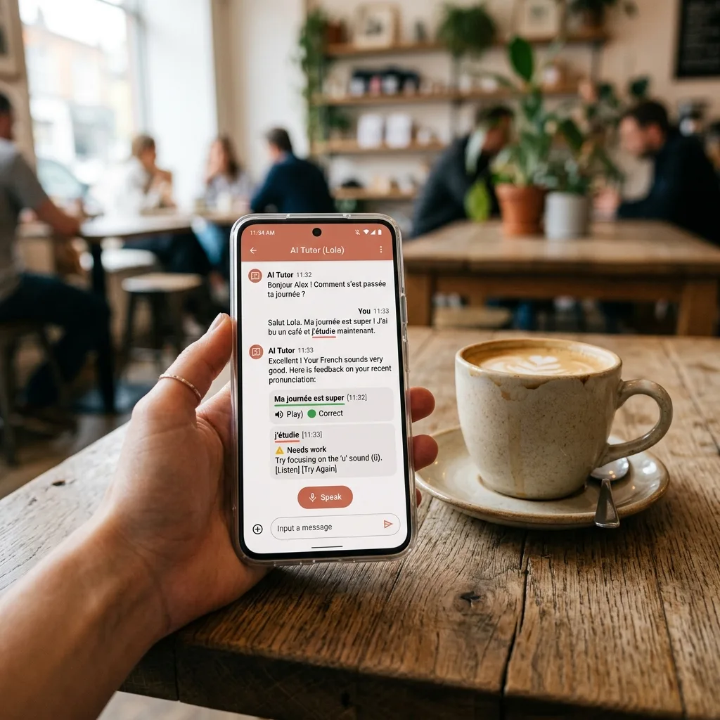 Smartphone mostrando una sesión de práctica de idiomas con tutor de IA
