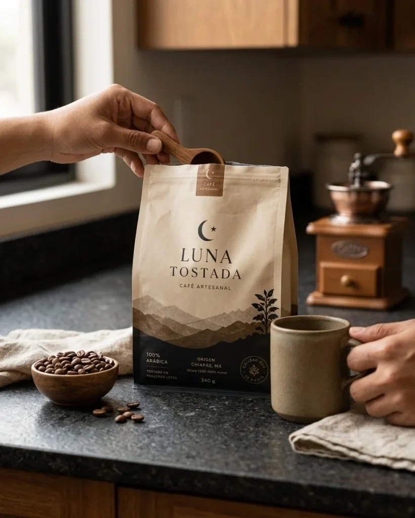 branding visual luna tostada, photoshoot sirviendo café
