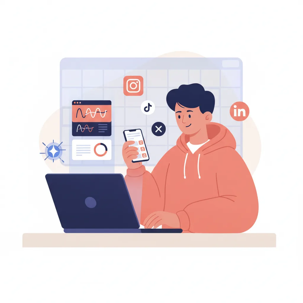 Persona gestionando varias redes sociales con inteligencia artificial desde un solo lugar