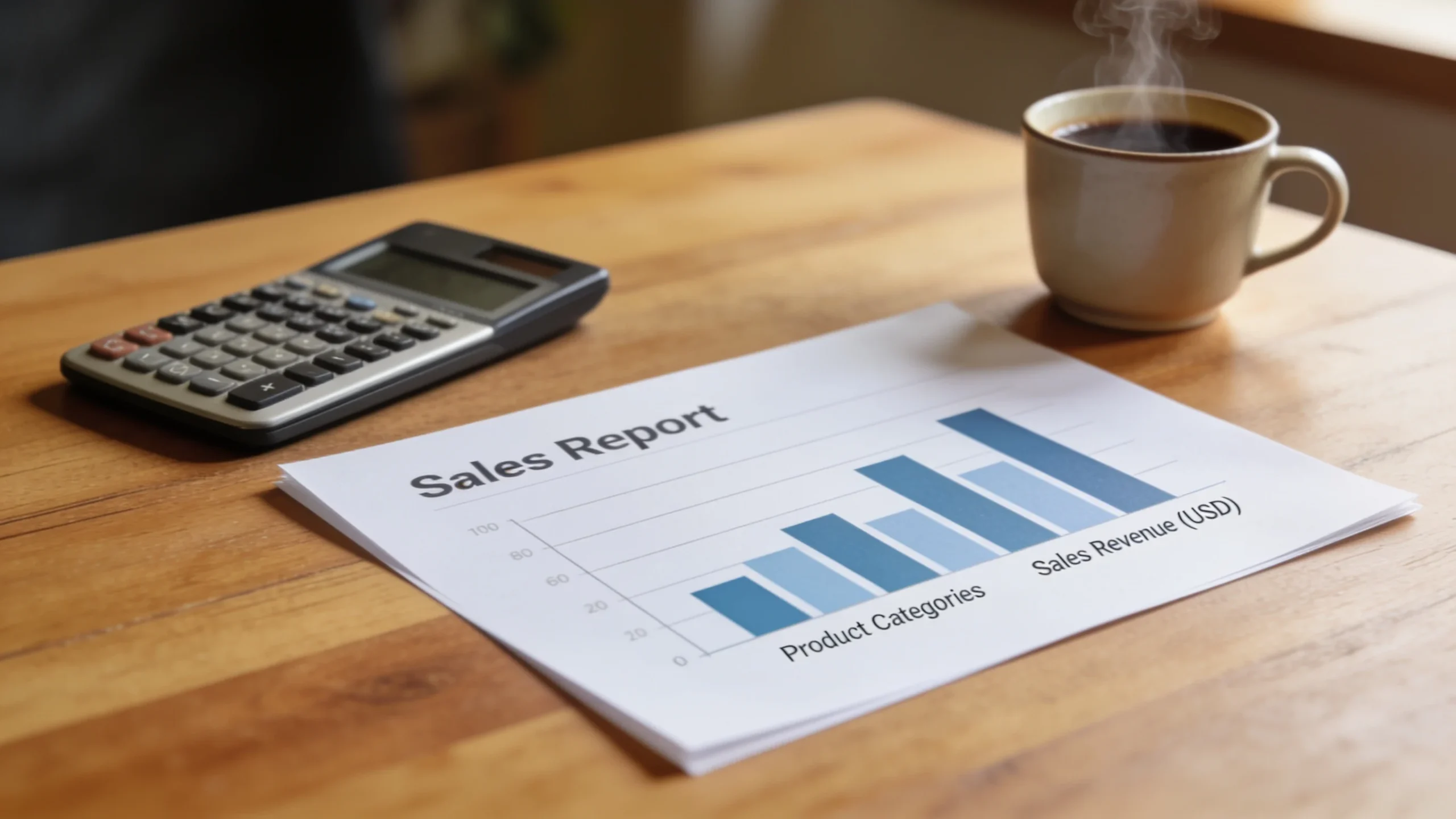 Informe de ventas impreso con un grafico junto a una calculadora