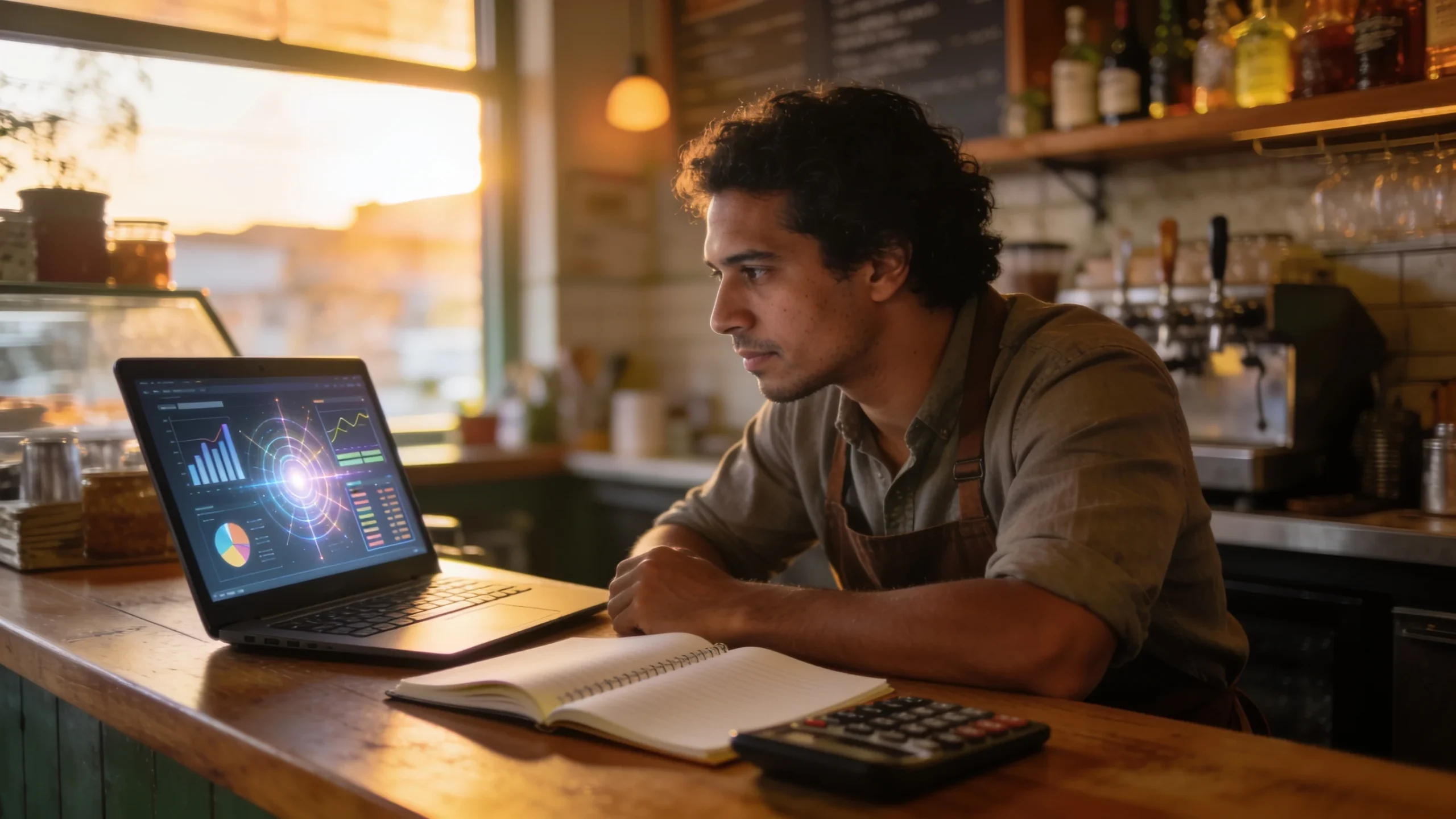 Dueno de un negocio pequeno revisando sus ventas en el portatil para analizar un Excel con ChatGPT