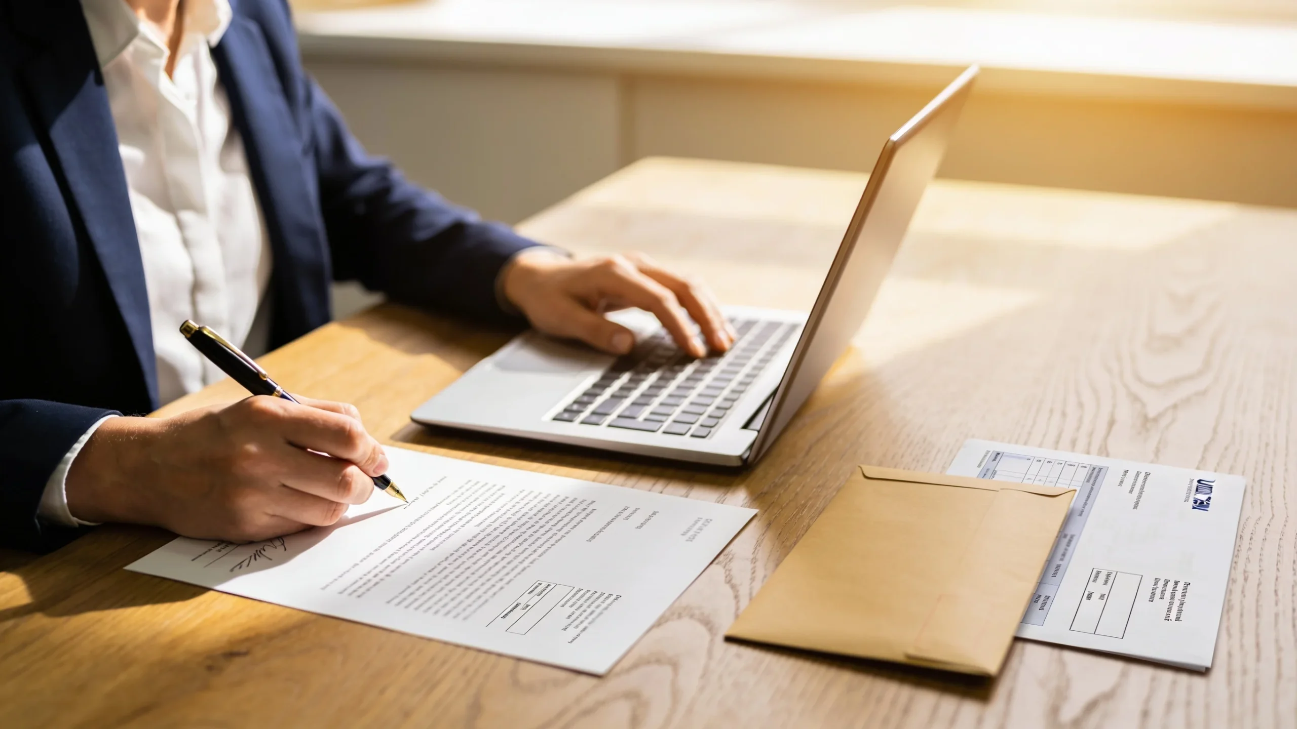 Persona redactando una carta de reclamacion formal en su mesa de trabajo