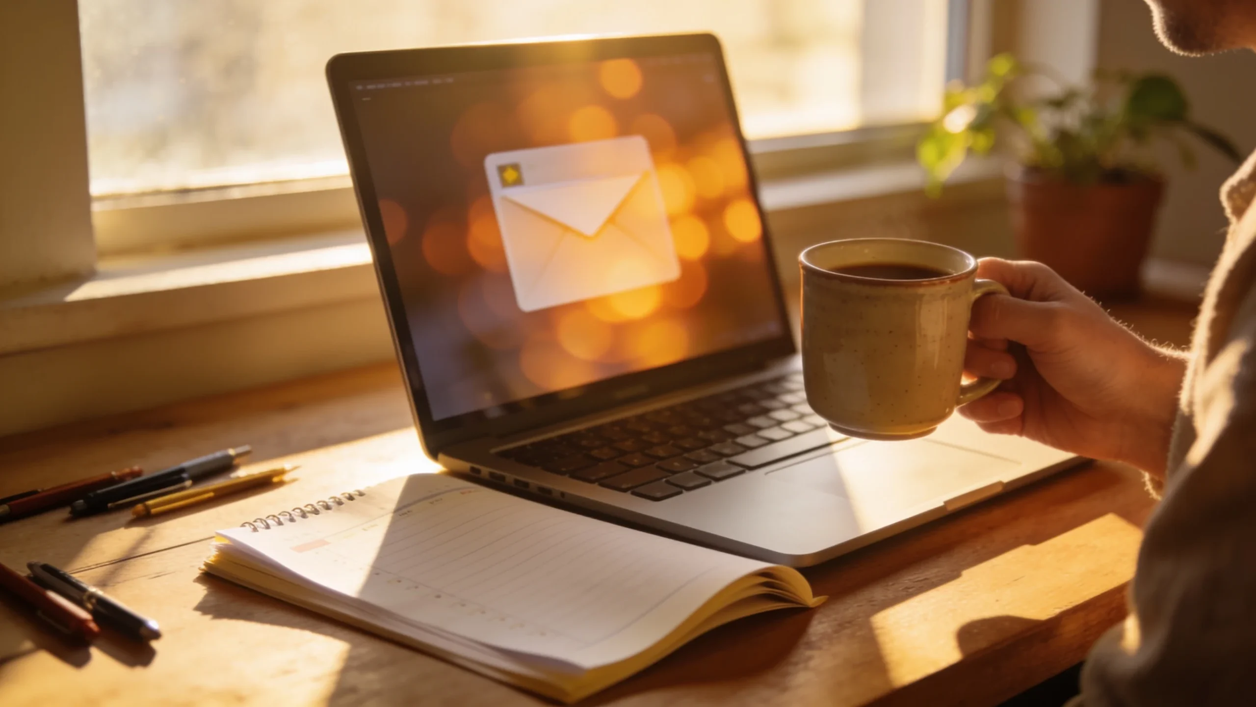 Persona empezando la manana en su escritorio con cafe y el portatil abierto