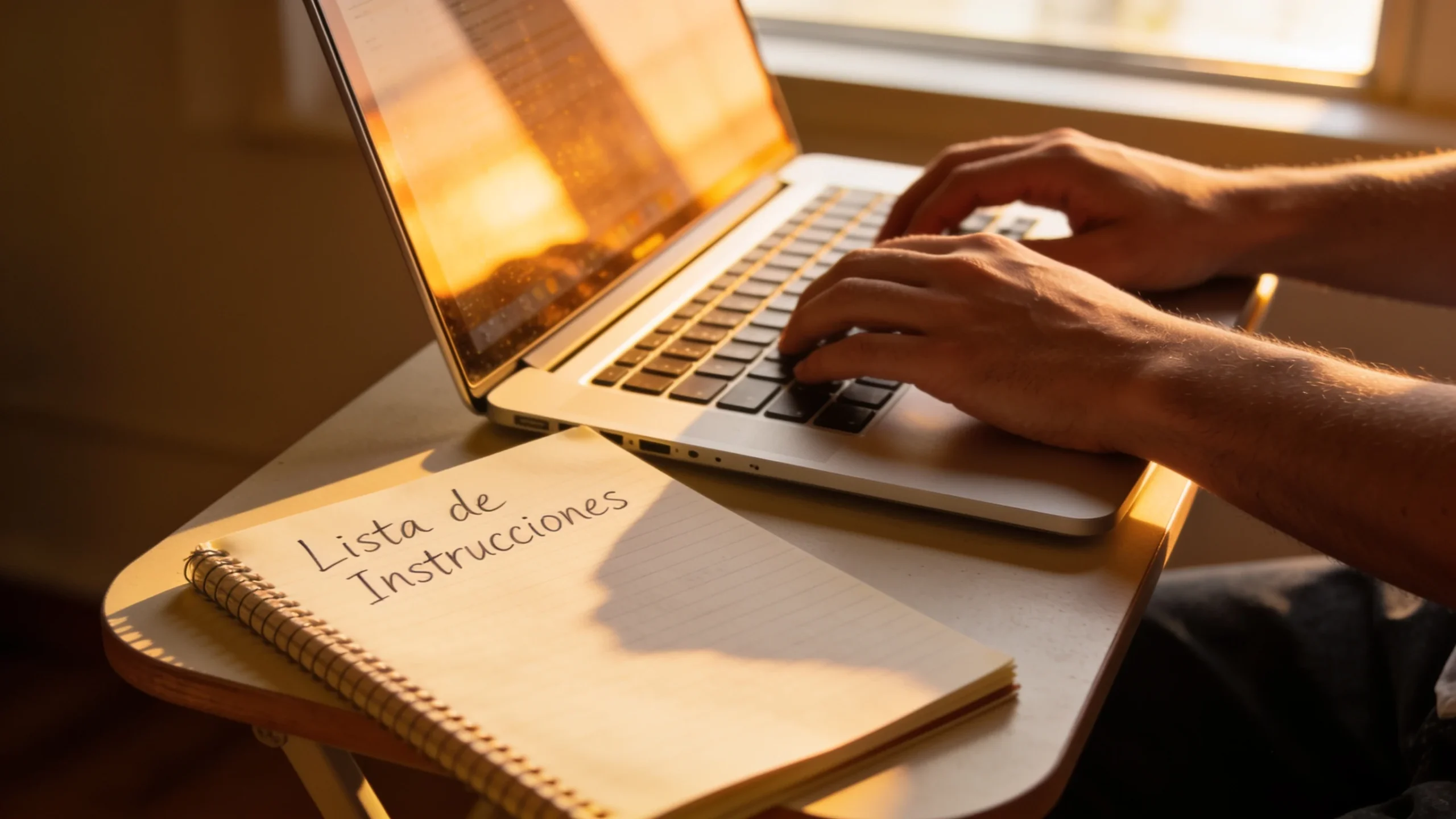 Persona trabajando en su escritorio con un cuaderno de instrucciones junto al portatil