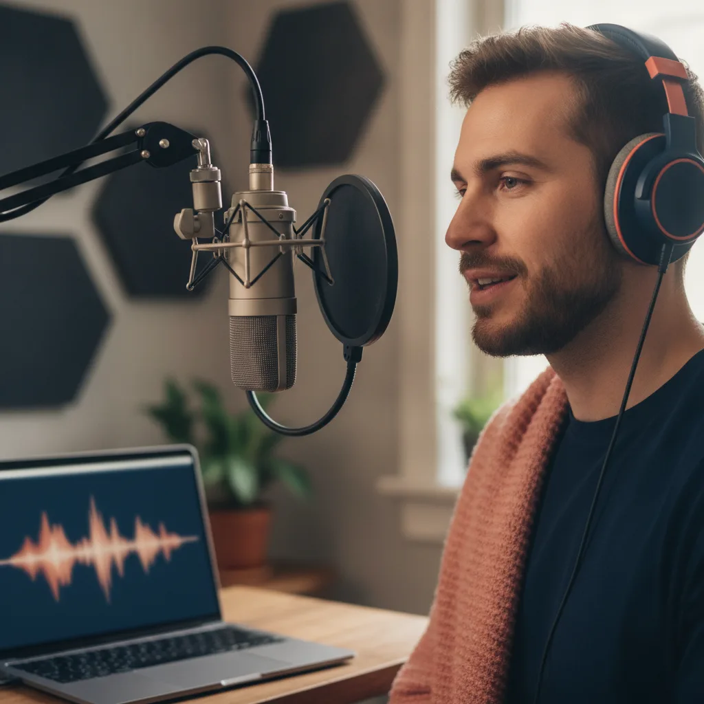 Creador grabando su voz para clonarla con ElevenLabs en un estudio casero