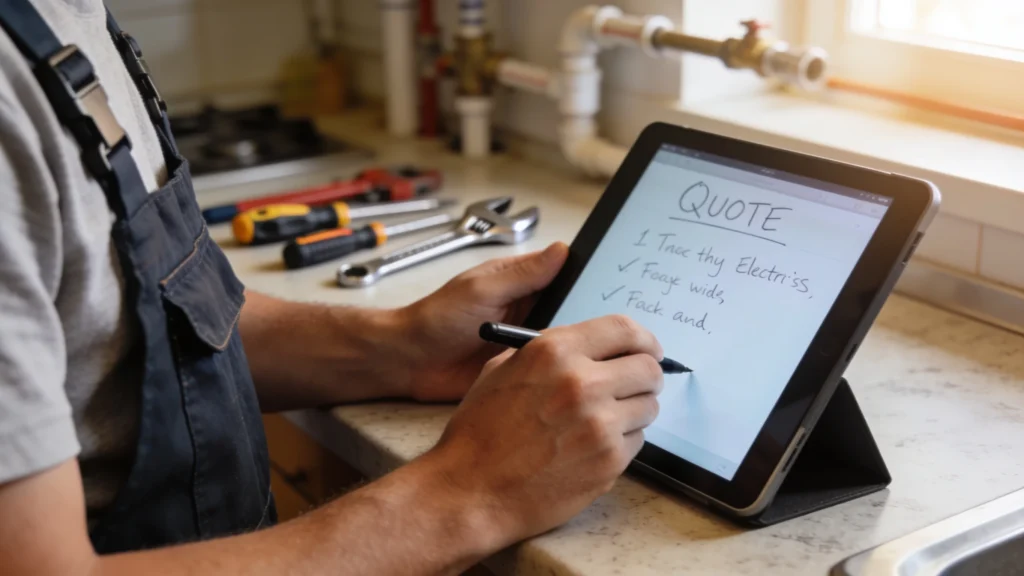 Profesional de oficios escribiendo un presupuesto en una tablet en casa del cliente