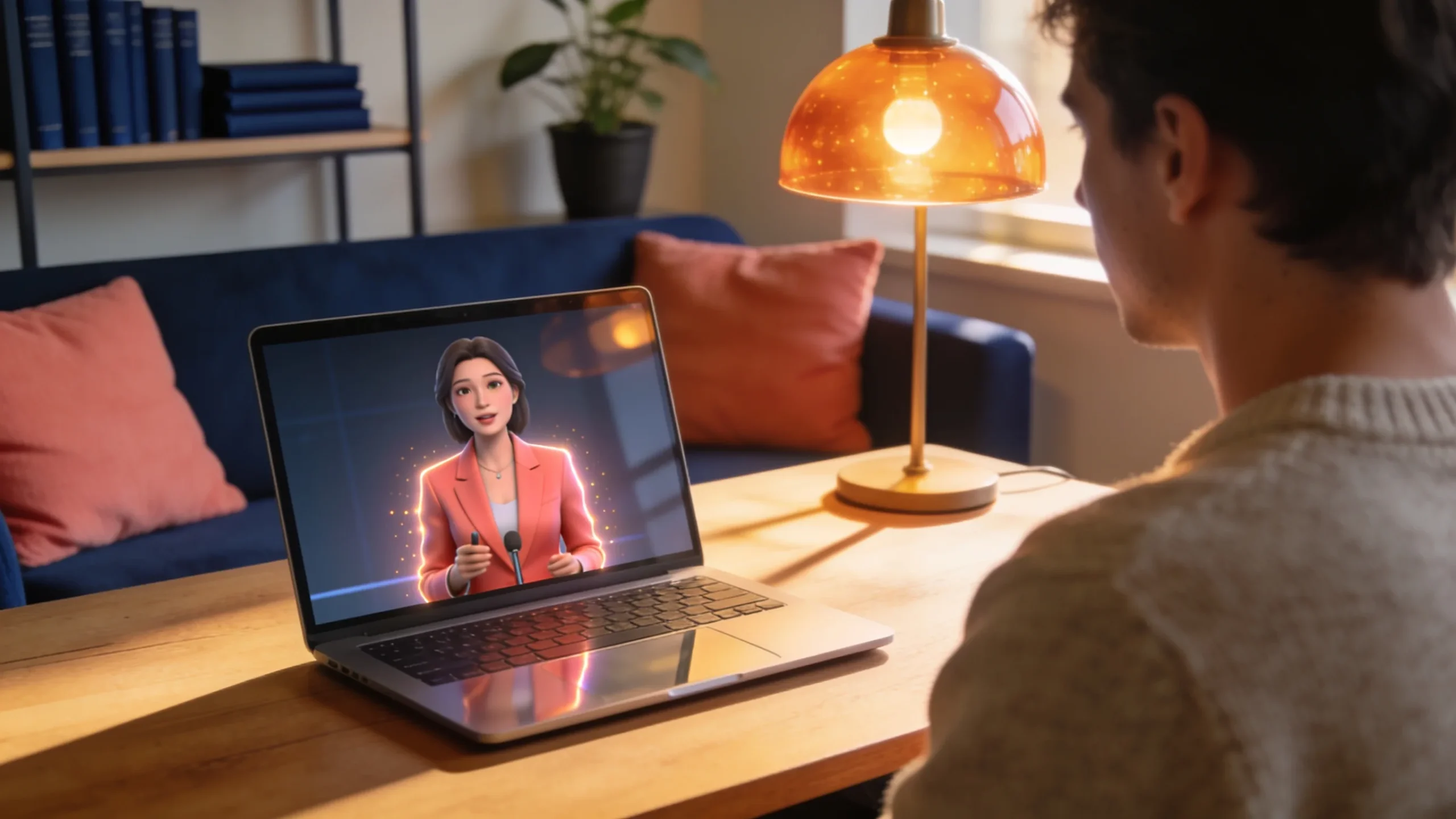 Un avatar de IA de HeyGen presentando en la pantalla de un portatil