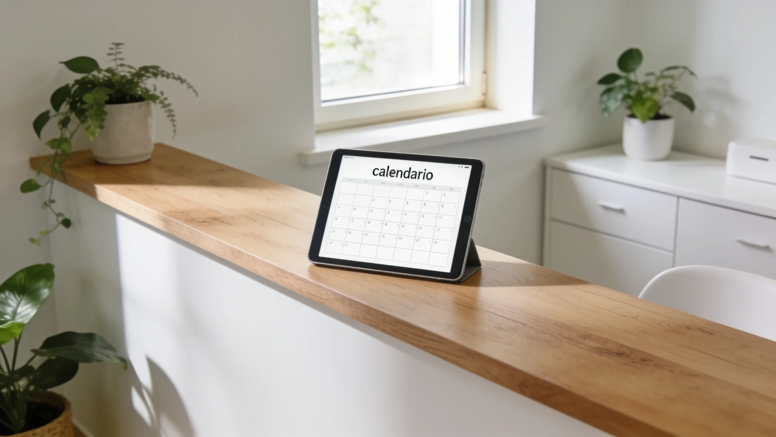 Recepcion de una clinica pequena con una tablet mostrando la agenda de citas