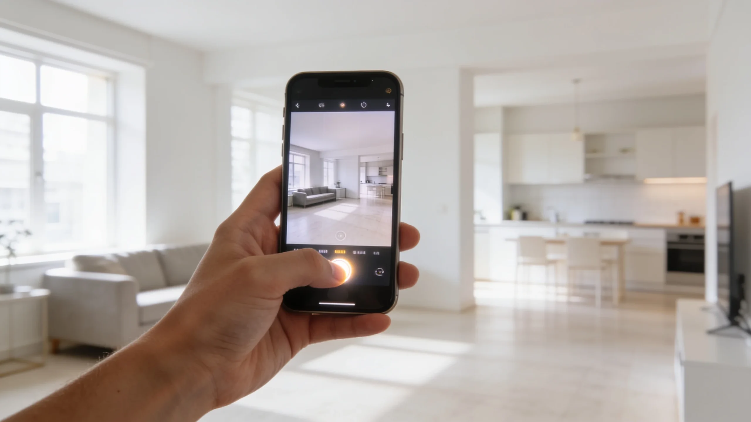 Agente fotografiando con el movil el salon de un piso para el anuncio