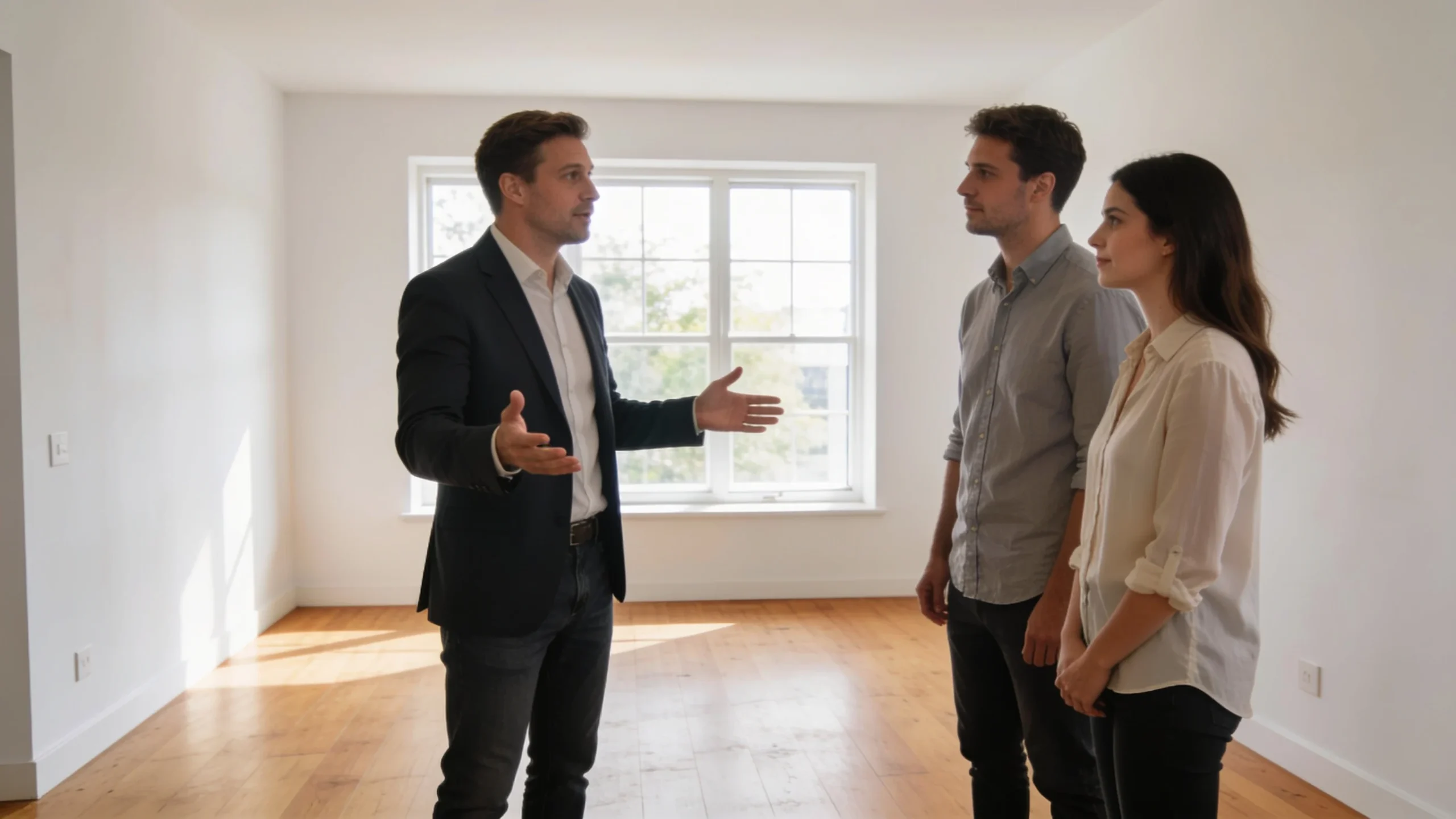 Agente inmobiliario mostrando un piso luminoso a una pareja
