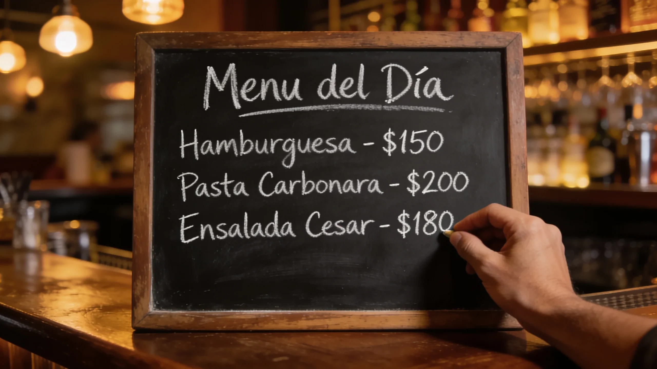 Mano escribiendo con tiza el menu del dia en la pizarra de un bar