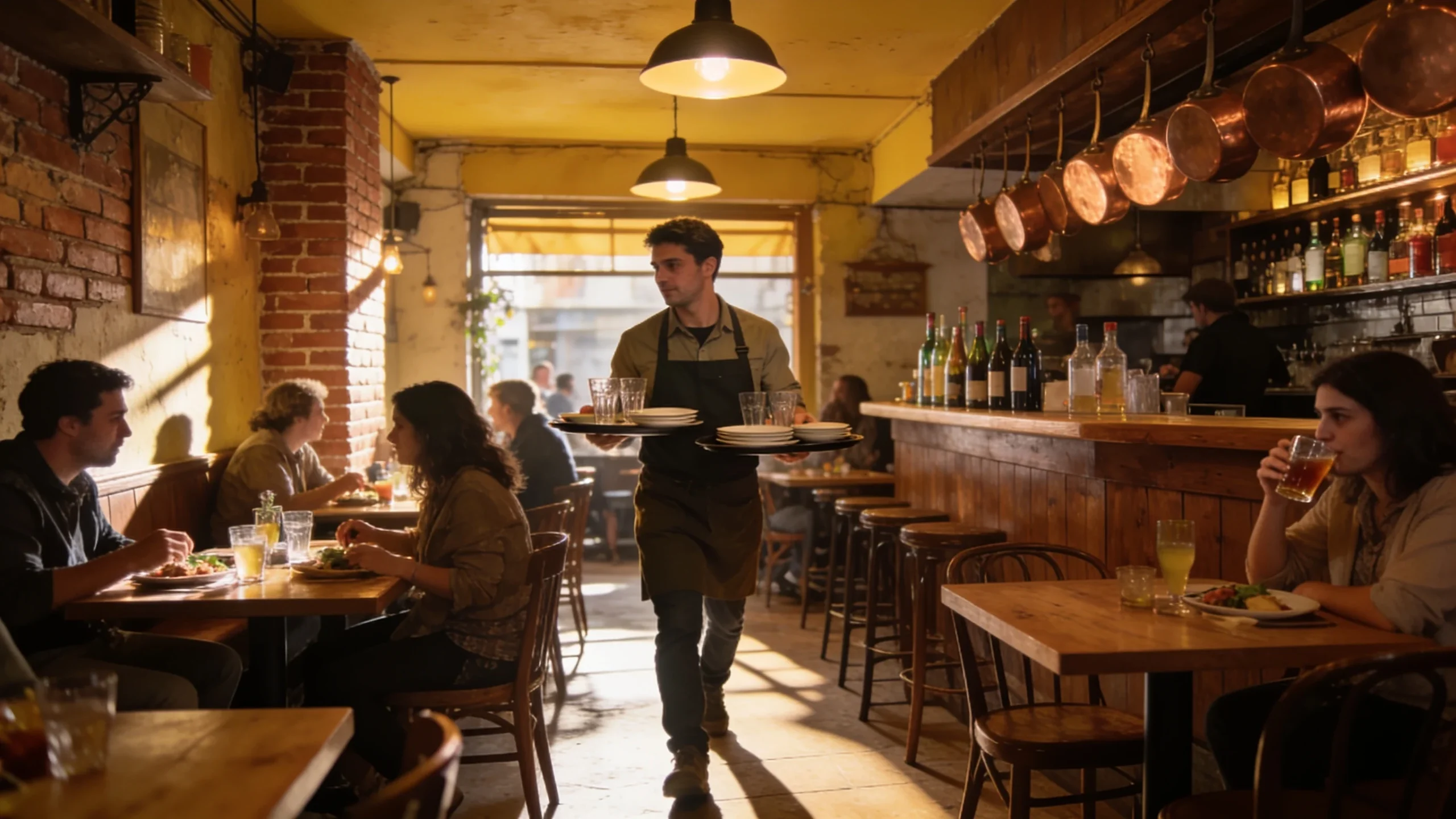 Interior de un bar de barrio en plena hora de servicio de mediodia