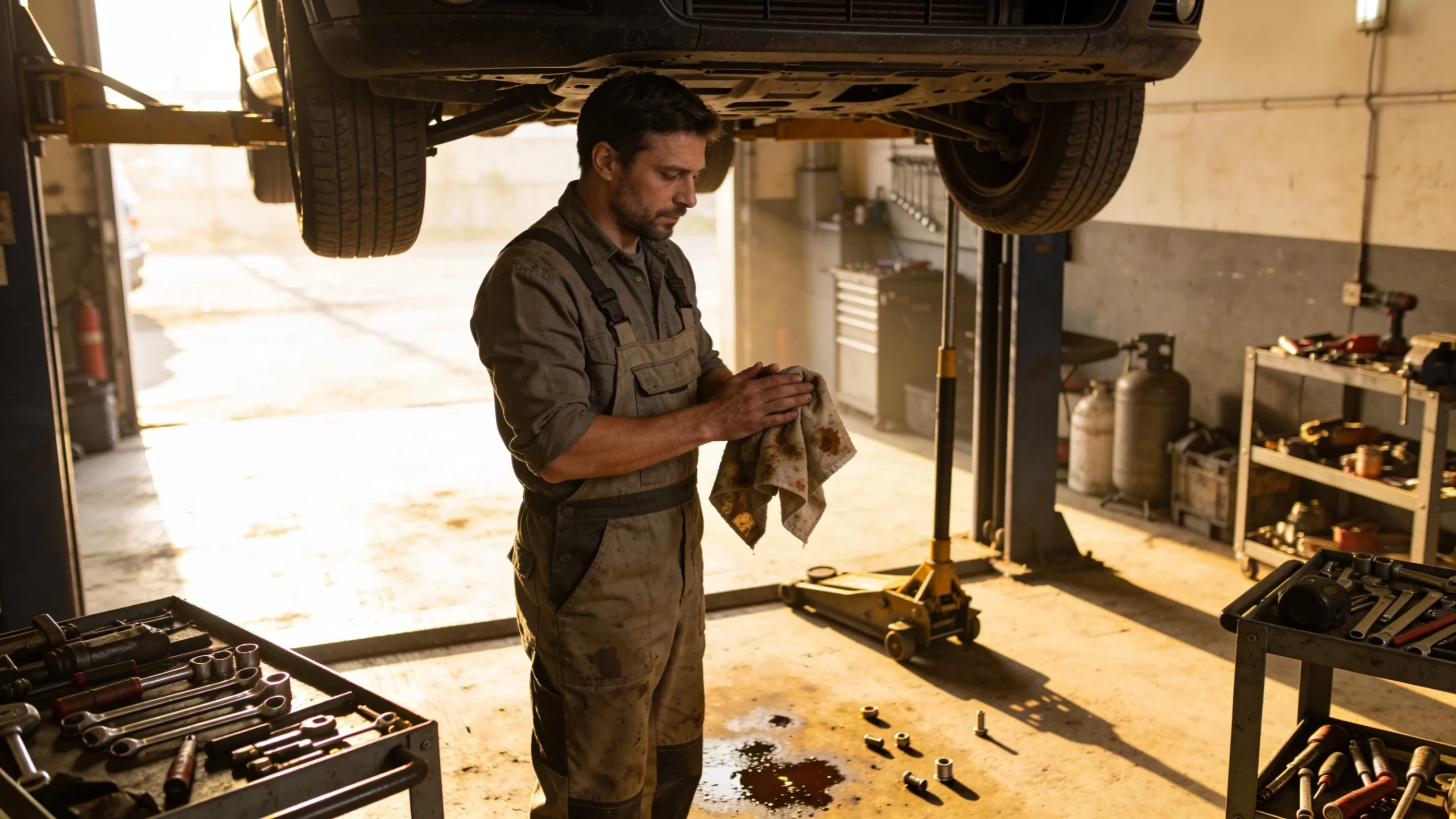 Mecanico junto a un coche elevado en su taller