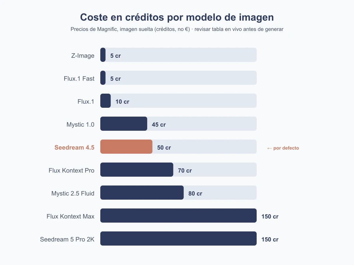 Coste en créditos de Magnific por modelo de imagen, de Z-Image a Seedream 5 Pro 2K
