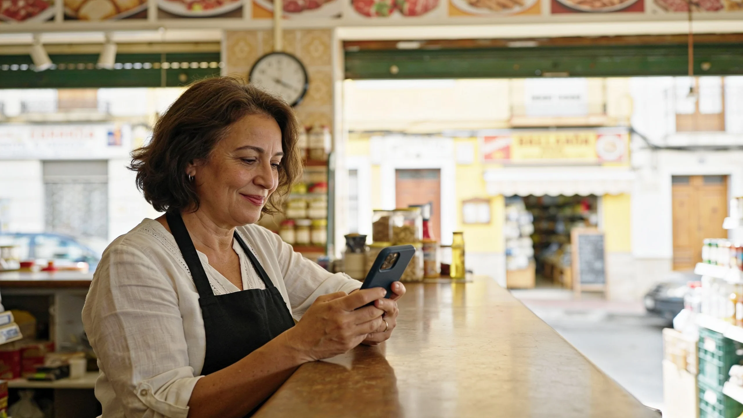 Duena de un comercio local revisando la ficha de su negocio en el movil