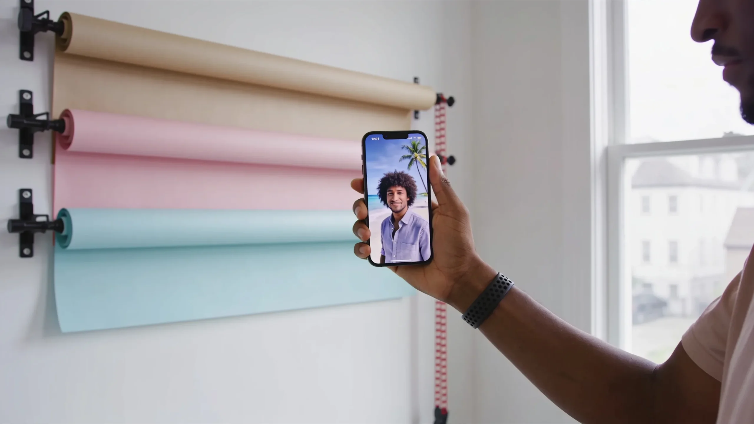 Persona sostiene un movil con un retrato con fondo de playa frente a fondos de papel de colores