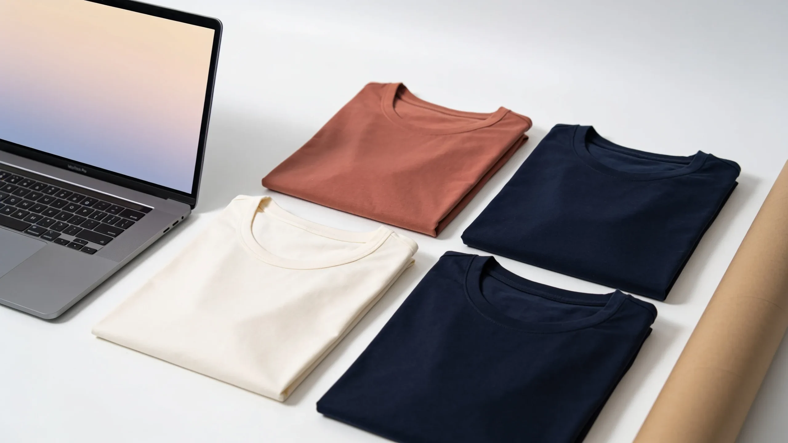 Camisetas lisas de colores dobladas junto a un portatil en una mesa de estudio