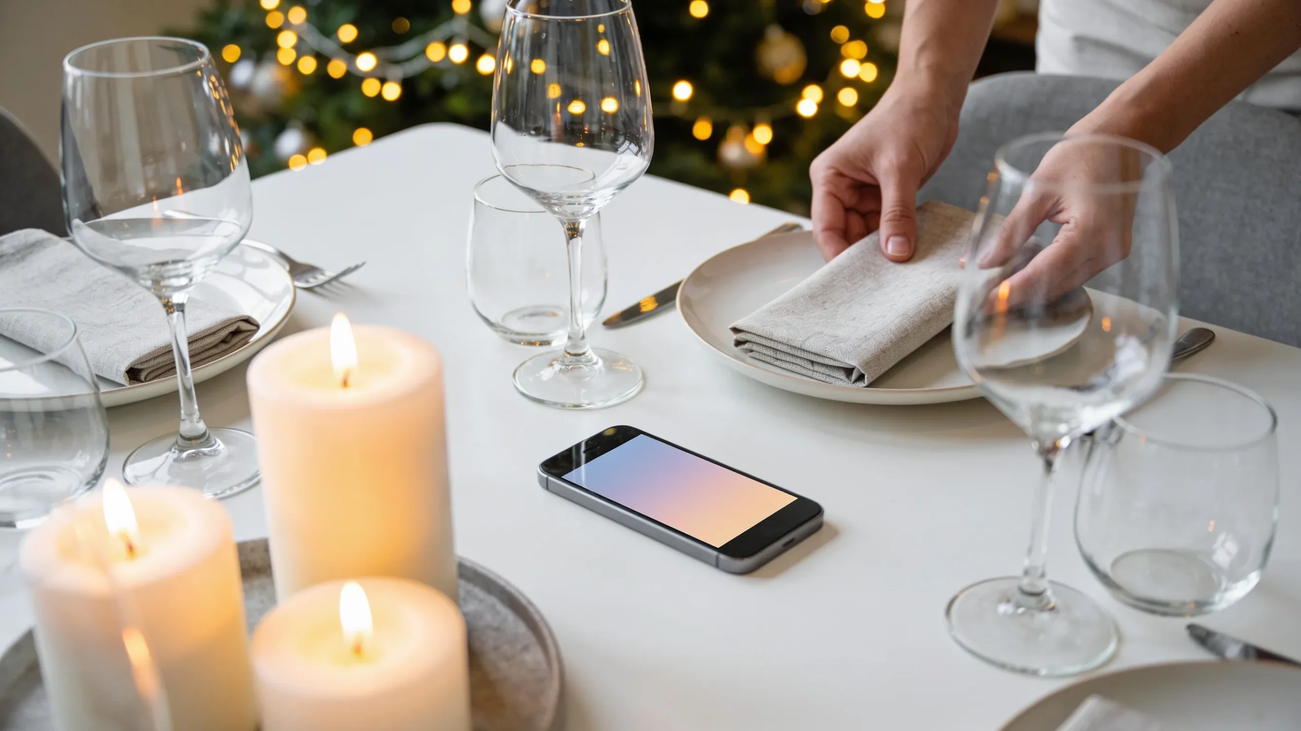 Mesa preparada para la cena de fin de ano con un movil para consultar ideas a ChatGPT
