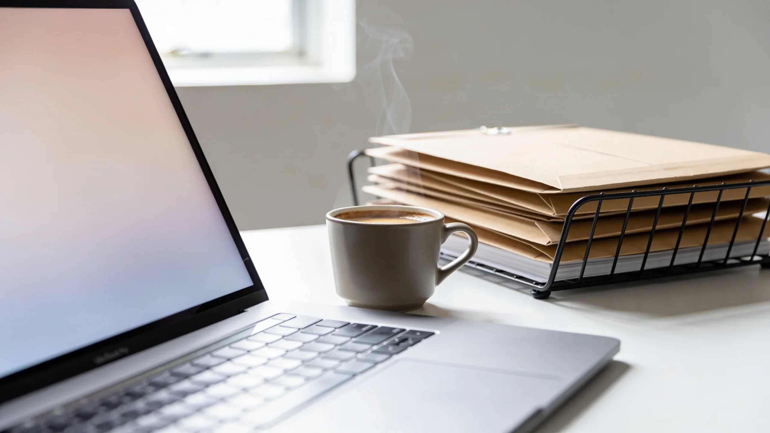Escritorio de lunes por la manana con portatil, cafe y bandeja de sobres pendientes. Conectar ChatGPT con gmail paso a paso
