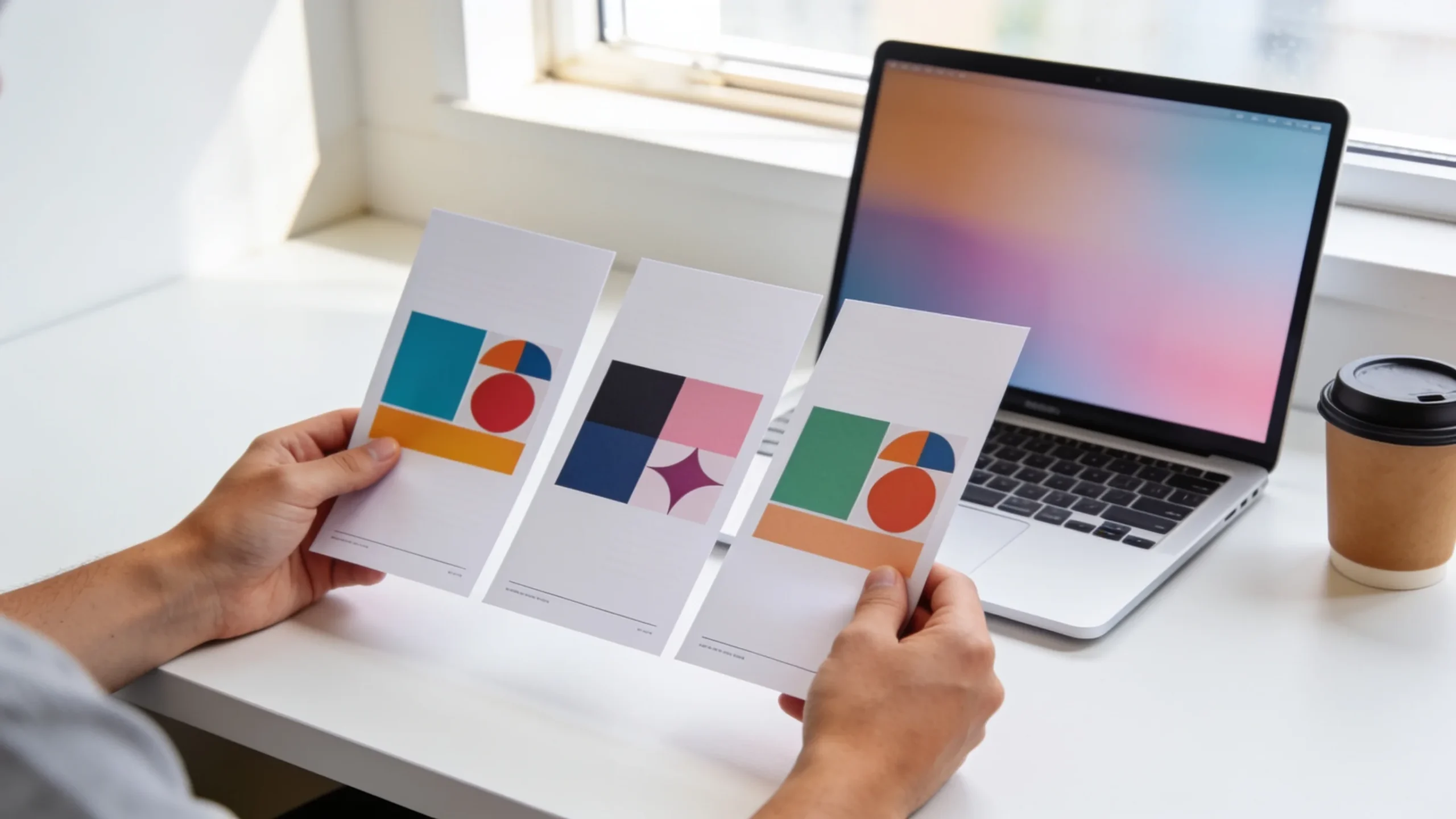 Persona comparando tres versiones impresas de un flyer junto a un portatil