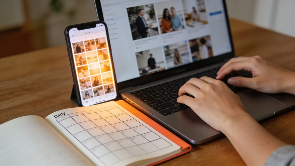 Persona planificando 30 dias de contenido para Instagram en su portatil