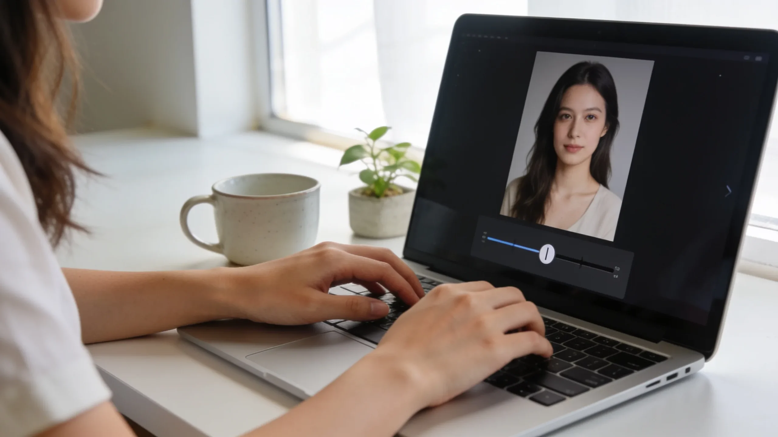 Persona corrigiendo una foto de retrato con IA en un portatil ajustando un unico parametro