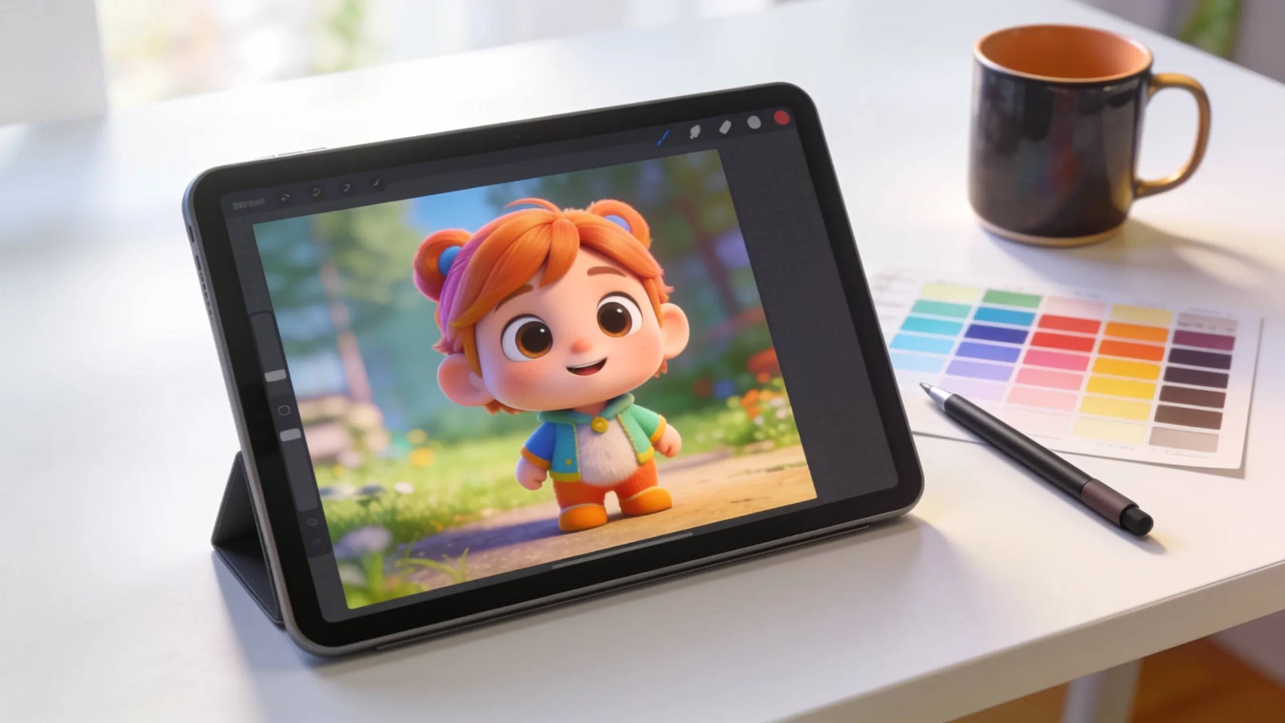 Tableta digital con un personaje animado 3D colorido junto a un lapiz optico y una paleta de colores