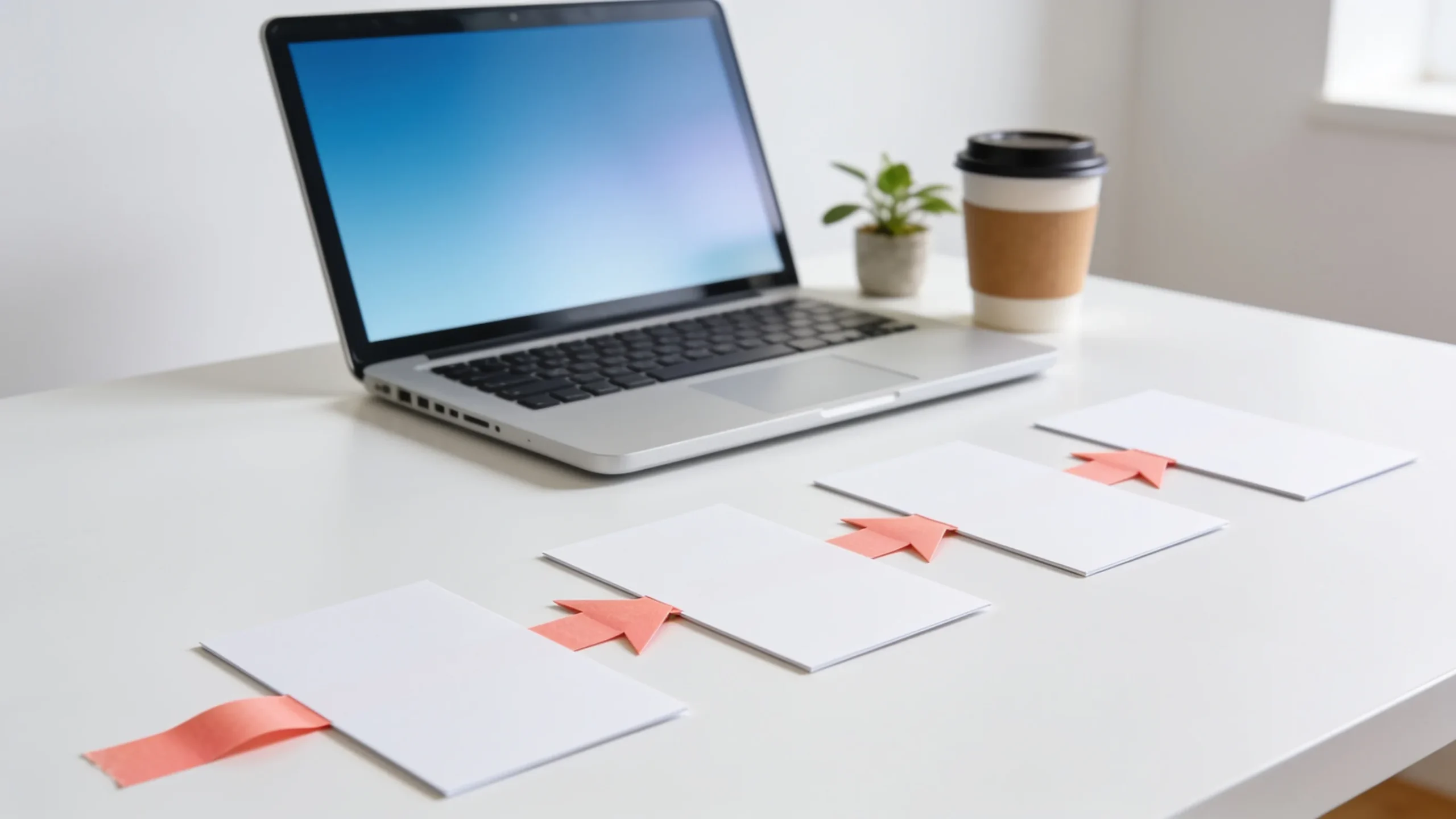 Tarjetas en blanco conectadas por flechas sobre un escritorio junto a un portatil, representando los pasos de un workflow