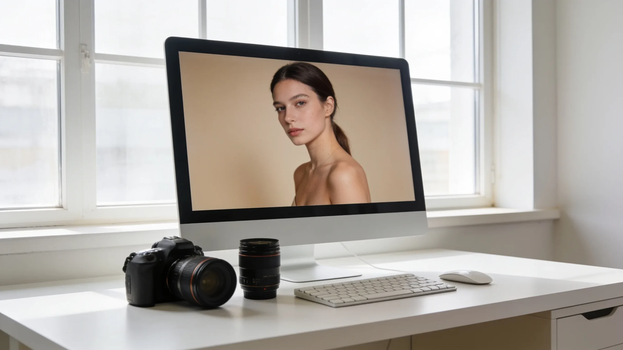 Monitor con una fotografia editorial estilo revista junto a una camara reflex en un escritorio luminoso
