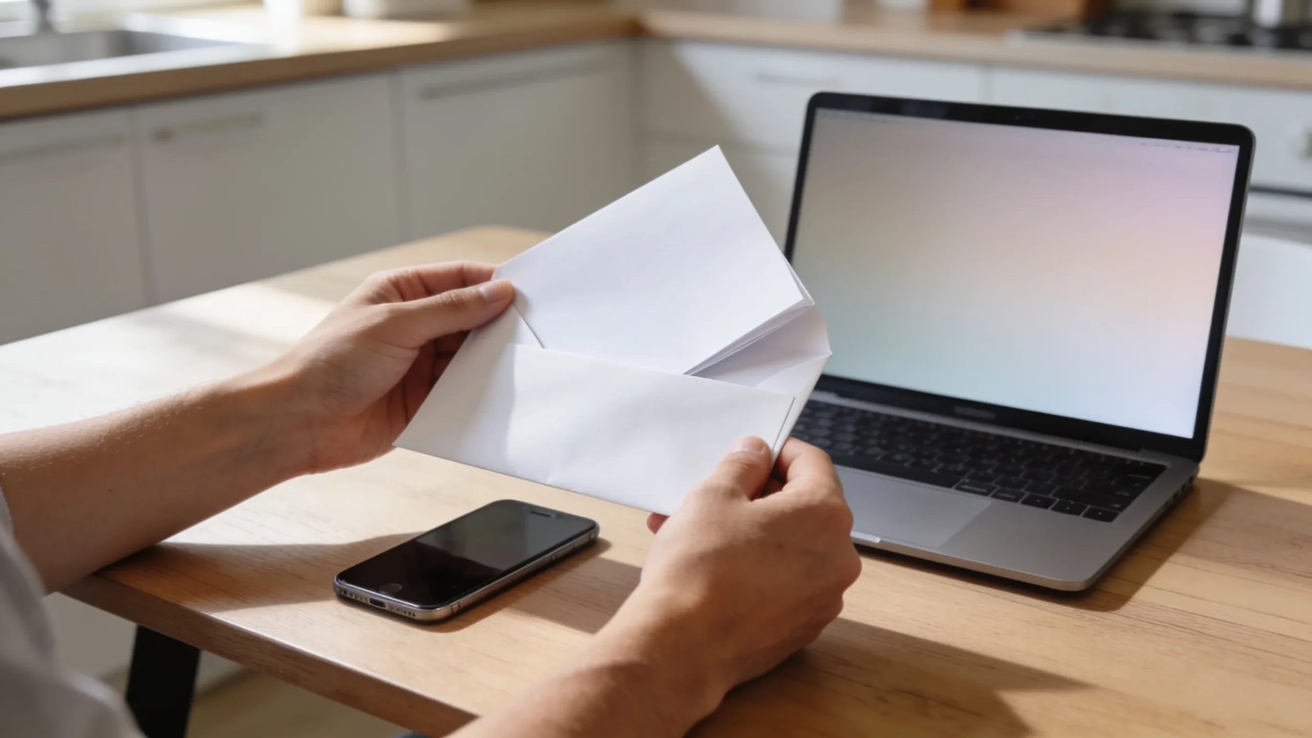 Manos abriendo una carta oficial junto a un portatil y un movil en la cocina