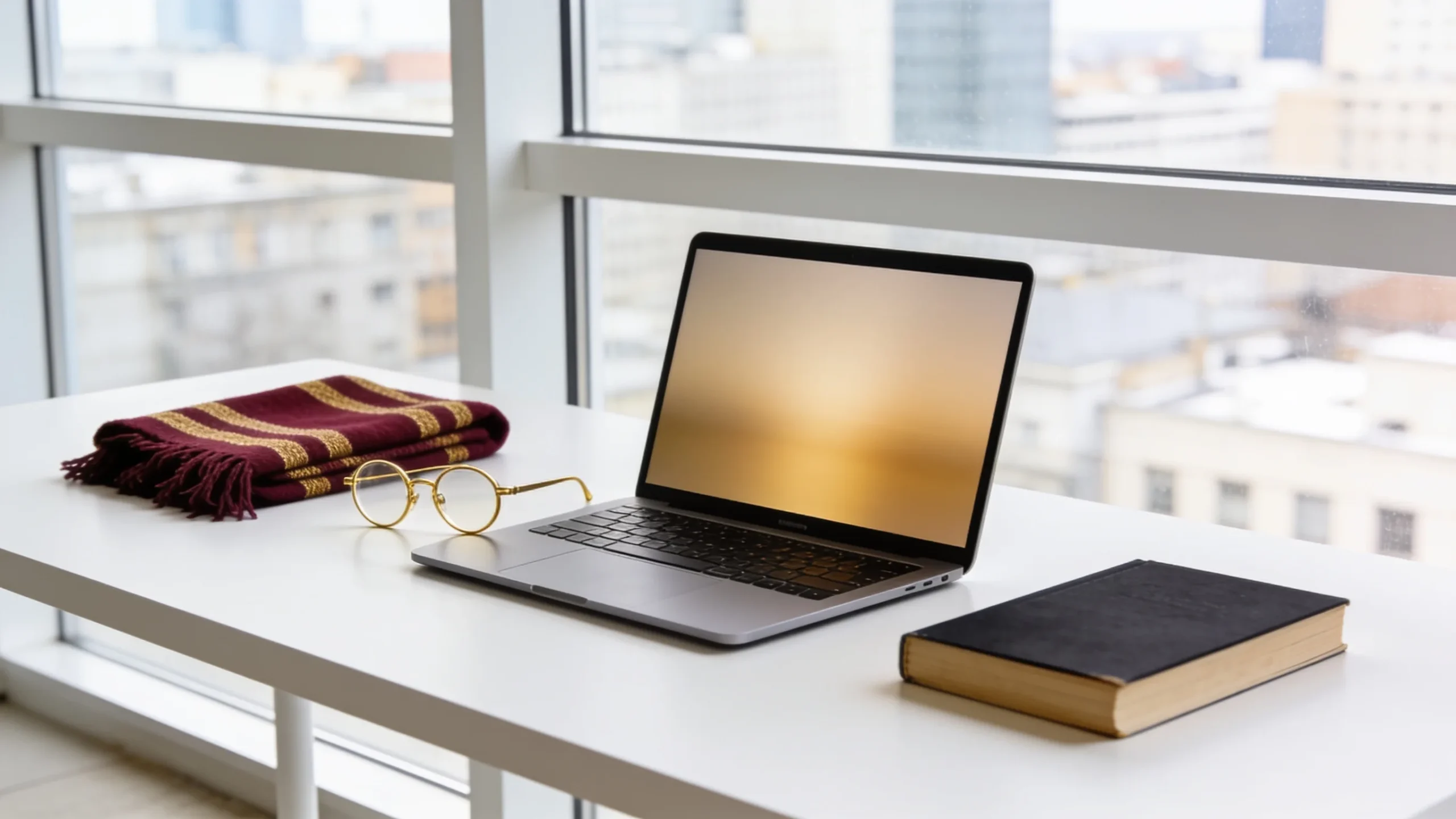 Escritorio con portatil, gafas redondas doradas, bufanda granate y dorada y libro cerrado junto a una ventana