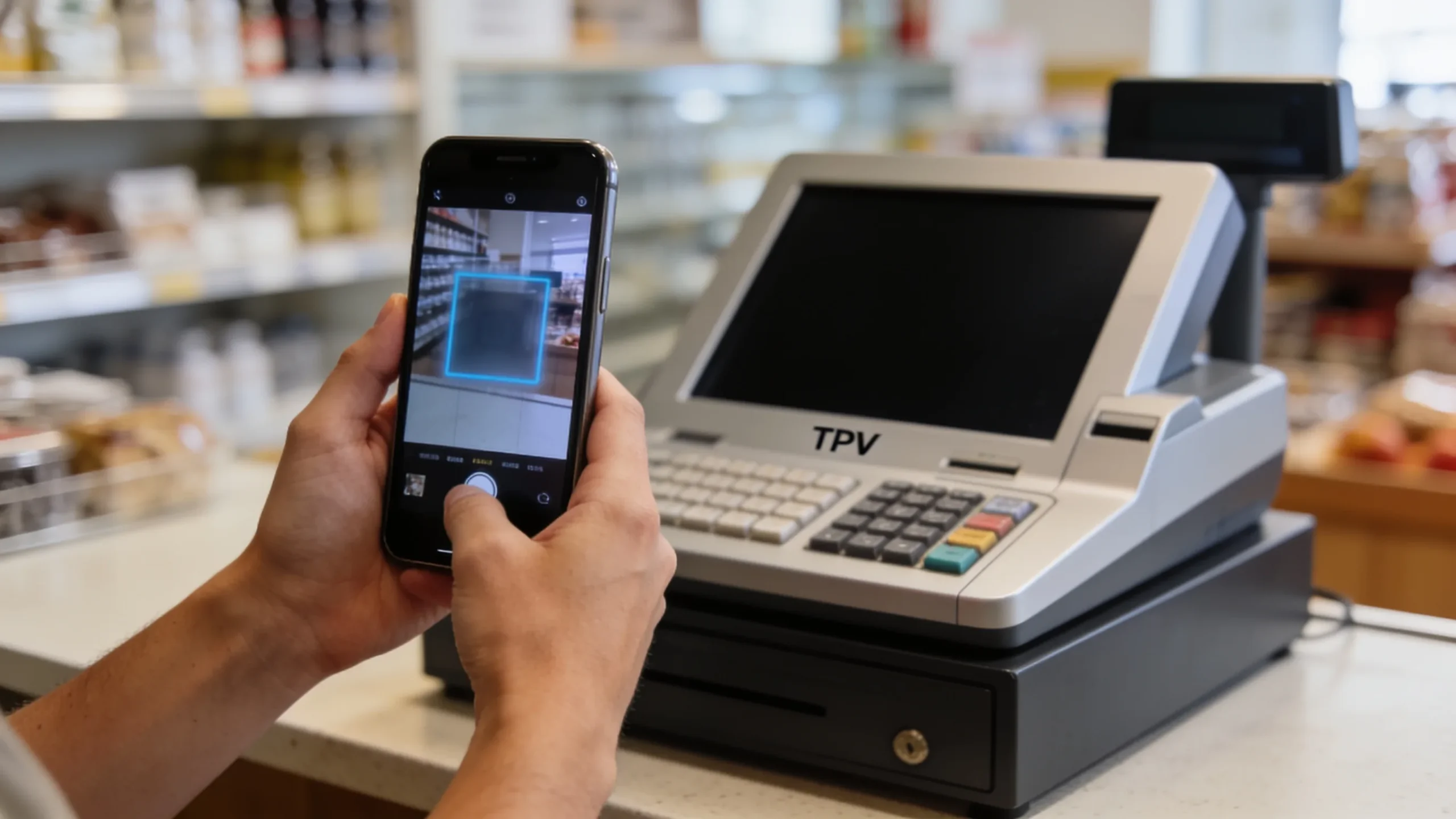Persona enfocando con la camara del movil una caja registradora TPV en un mostrador. Gemini Live compartir pantalla