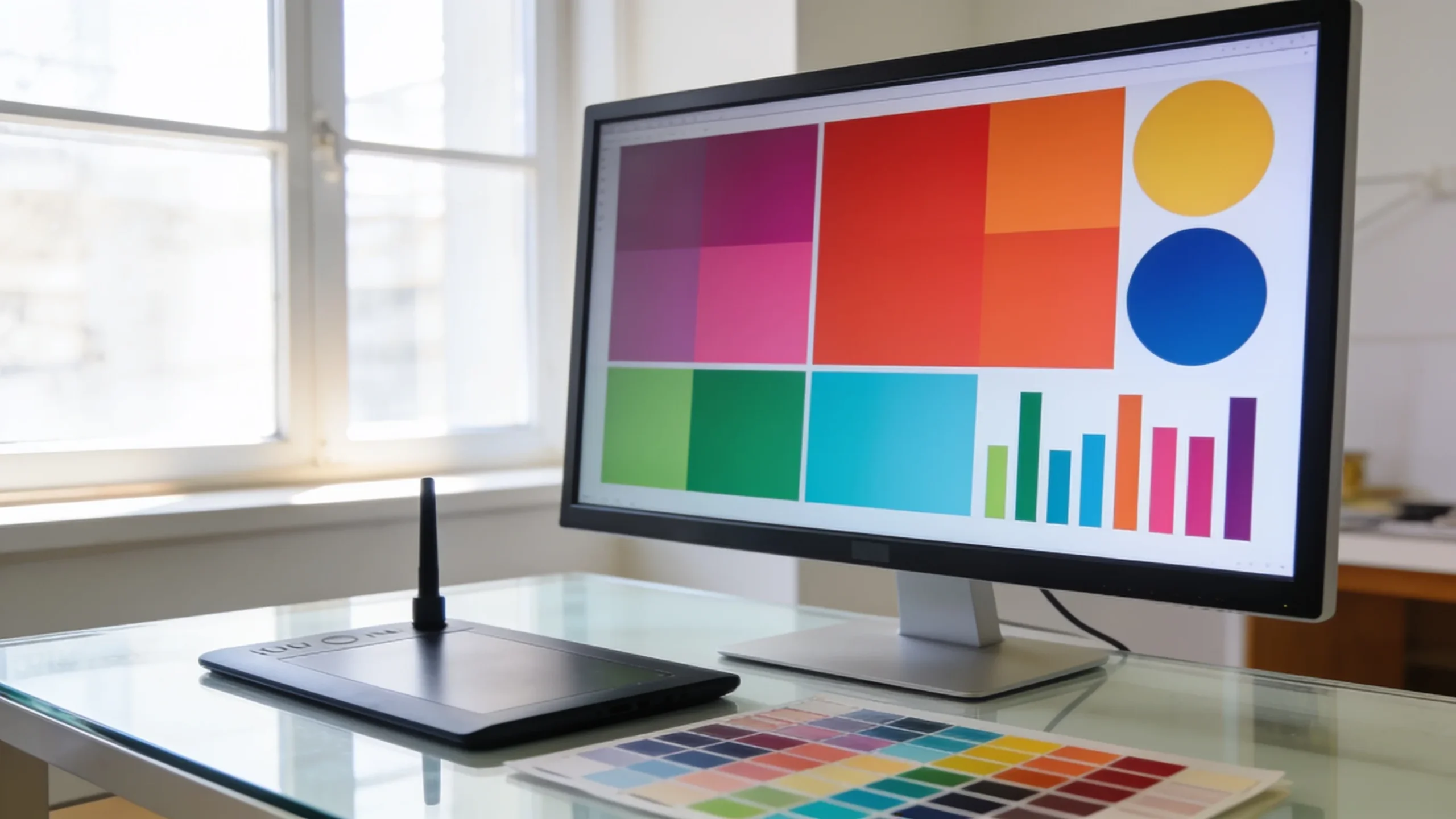 Monitor con bloques de colores y graficos para crear infografias con IA