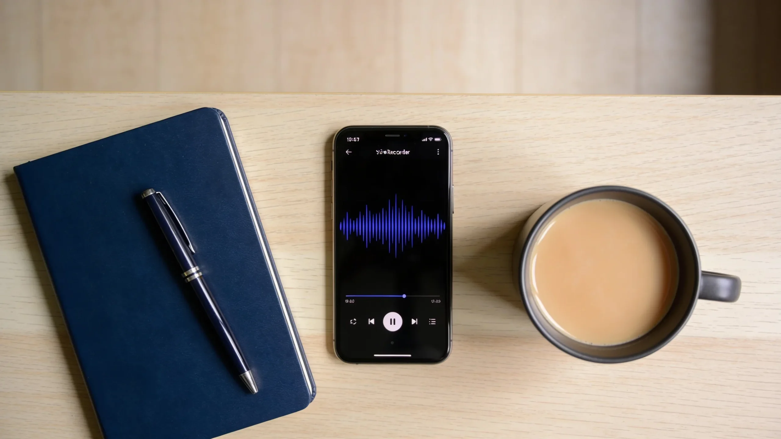 Movil con la grabadora de voz abierta junto a un cuaderno cerrado y un cafe, listos para transcribir la reunion
