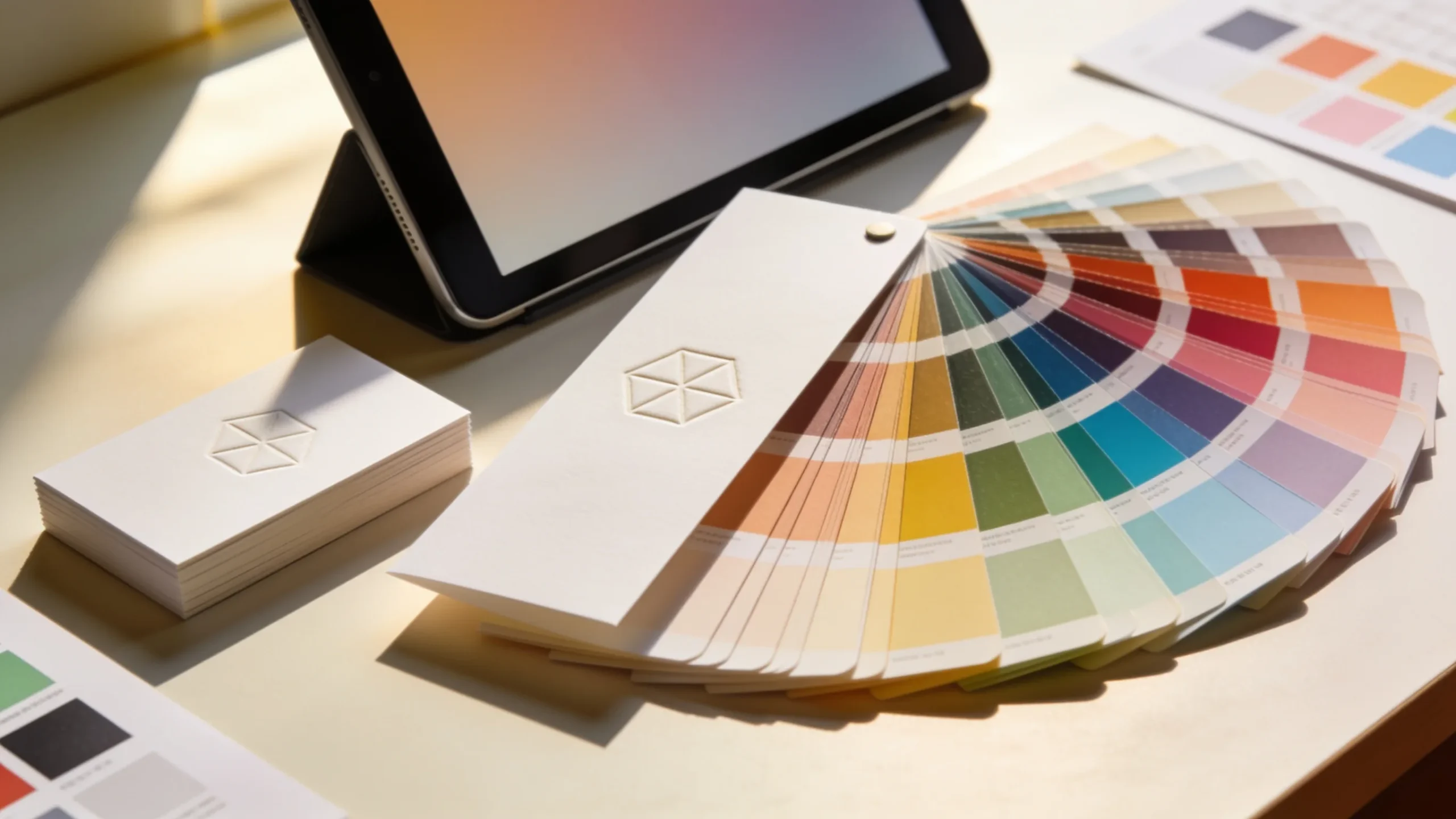 Papeleria de marca con un emblema en relieve, muestras de color y una tableta