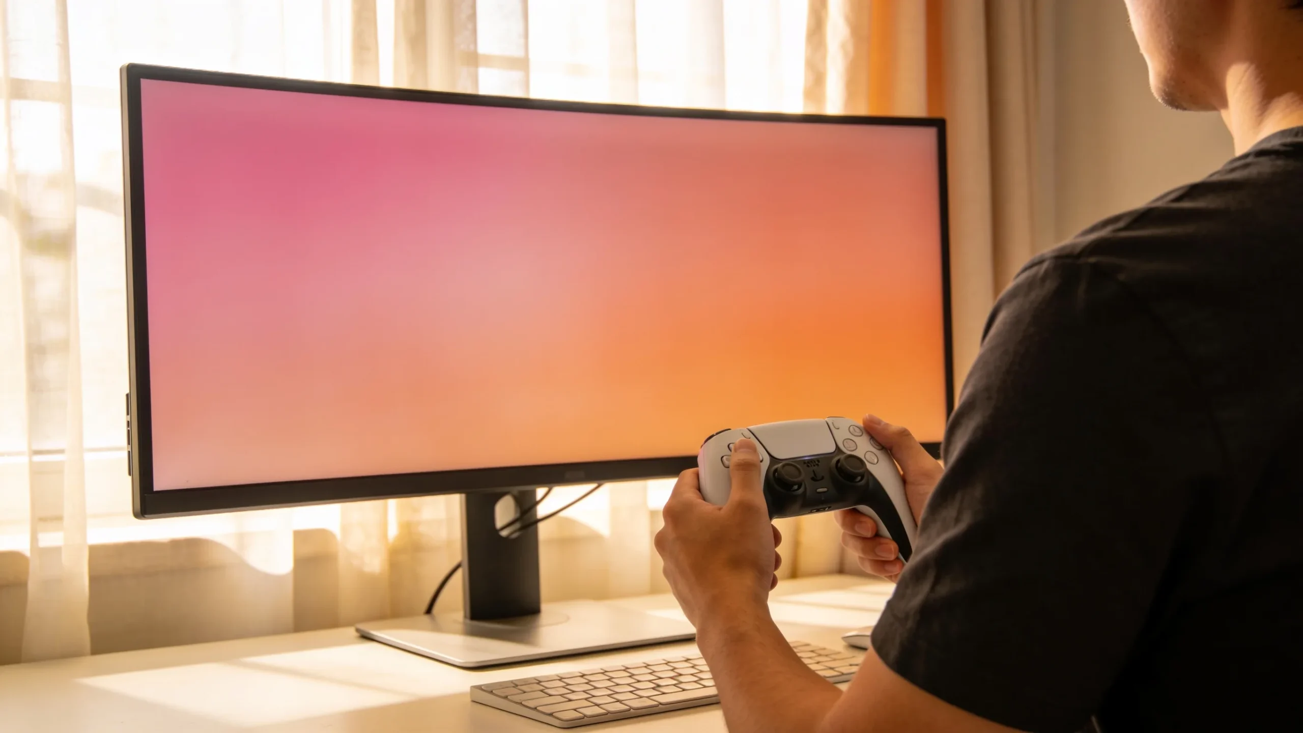 Persona con mando de videojuego frente a un monitor panoramico con degradado rosa y naranja tipo atardecer