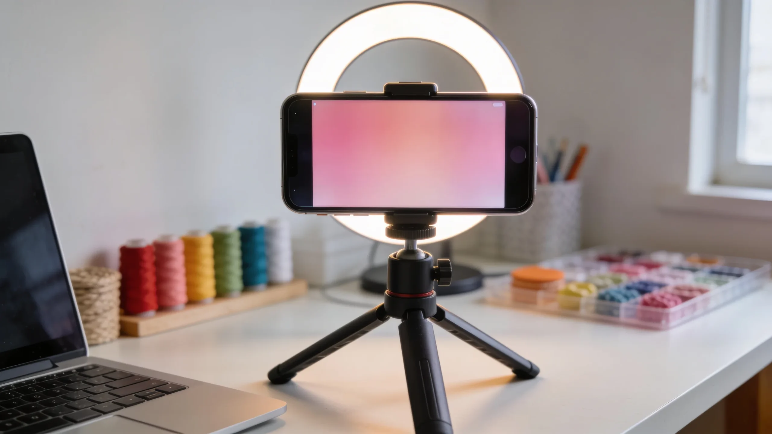 Movil en tripode con aro de luz en un escritorio para crear contenido de Instagram