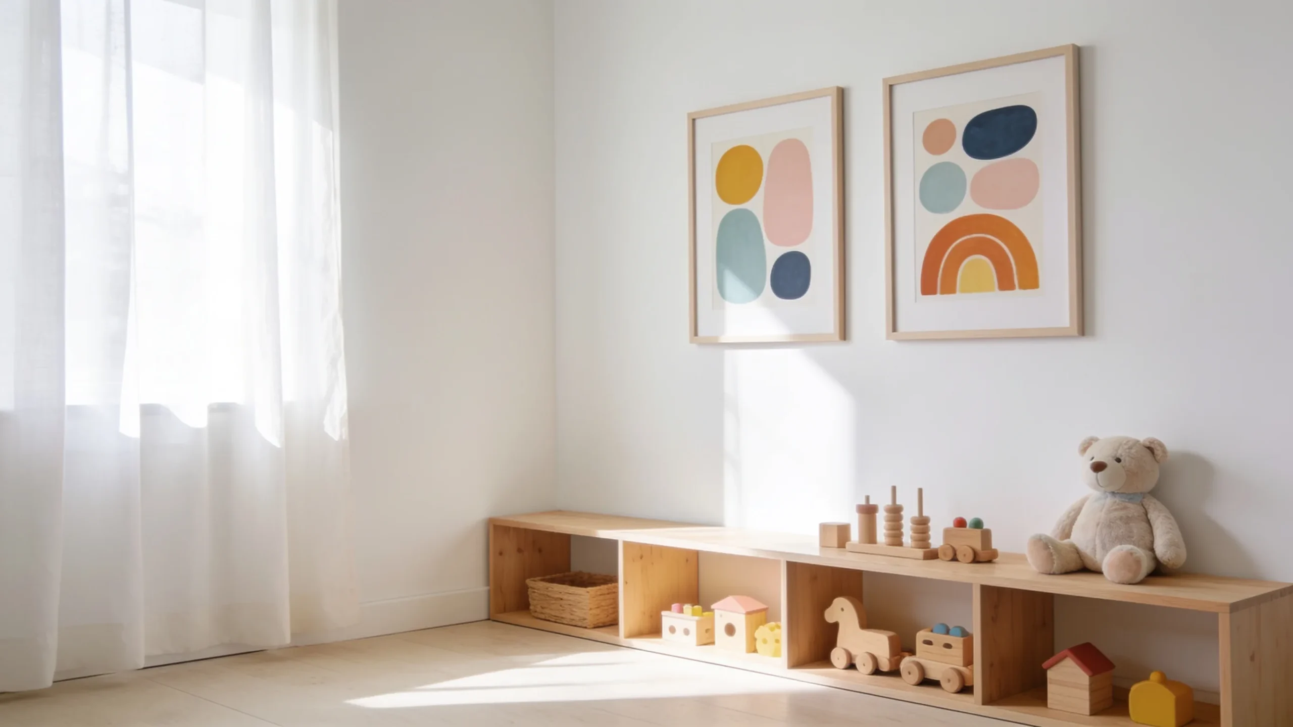 Habitacion infantil luminosa con dos posters de ilustraciones coloridas enmarcados