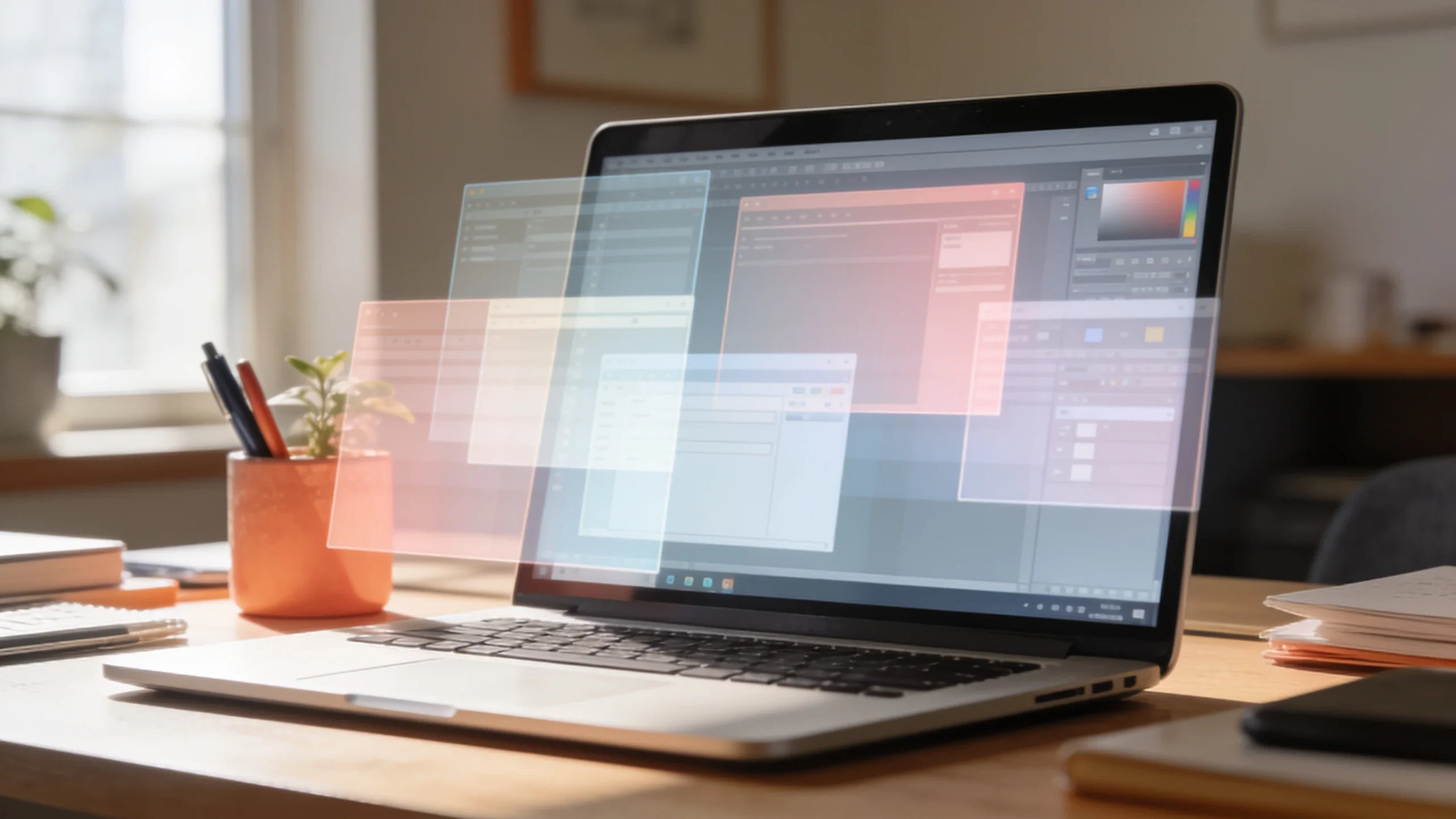 Escritorio con varios programas de IA gratis abiertos en el portatil